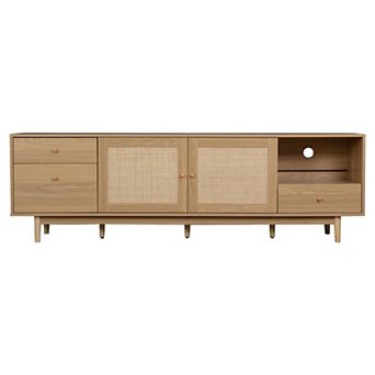 Pnronnc 85 Inch Boho Rattan TV Stand with Drawers, Storage Cabinets Media Console