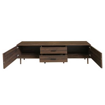 Pnronnc 80 Inch TV Stand with Storage, Solid Wood Legs, Slatted Doors Media Console for Living Room