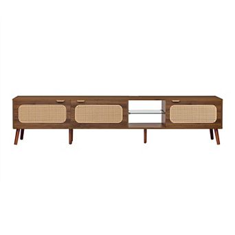 Pnronnc Modern Rattan TV Stand with Glass Shelves, Wood Grain Media Console for Living Room Storage