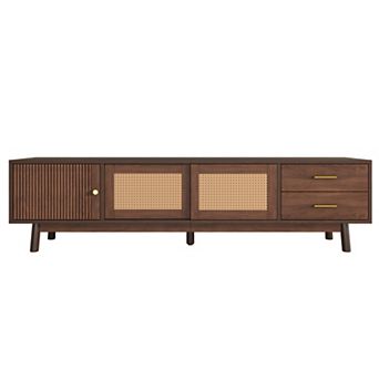 Pnronnc Mid Century Modern TV Stand Rattan Sliding Doors Entertainment Center with Drawers