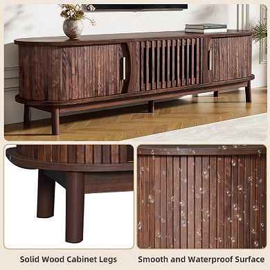 Pnronnc Woodgrain TV Stand with Sliding Doors and Storage Cabinet