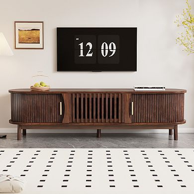 Pnronnc Woodgrain TV Stand with Sliding Doors and Storage Cabinet
