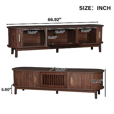 Pnronnc Woodgrain TV Stand with Sliding Doors and Storage Cabinet