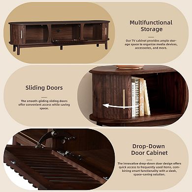 Pnronnc Woodgrain TV Stand with Sliding Doors and Storage Cabinet