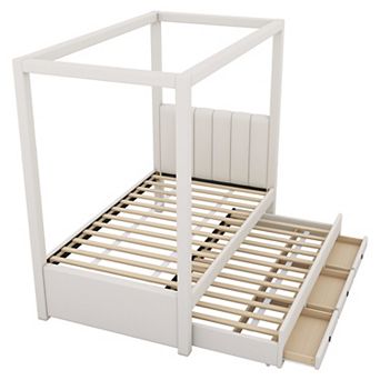 Pnronnc Upholstered Canopy Platform Bed with Trundle and 3 Storage Drawers
