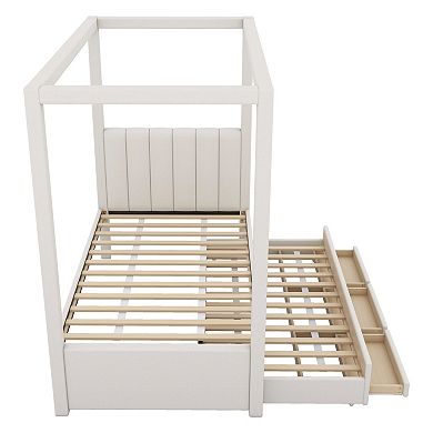 Pnronnc Upholstered Canopy Platform Bed with Trundle and 3 Storage Drawers
