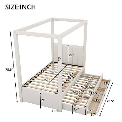 Pnronnc Upholstered Canopy Platform Bed with Trundle and 3 Storage Drawers