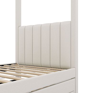 Pnronnc Upholstered Canopy Platform Bed with Trundle and 3 Storage Drawers