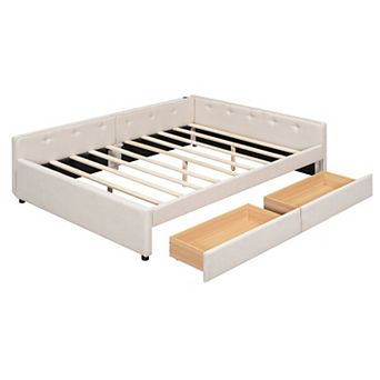 Pnronnc Beige Upholstered Daybed with USB and 2 Storage Drawers or Twin Size Trundle Bed