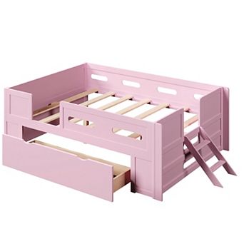 Pnronnc Wood Platform Bed with Guardrail and Storage Drawer, Semi-Enclosed Kids Floor Bed Frame