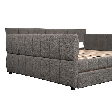Pnronnc Upholstered Platform Bed Frame with USB Ports and 2 Drawers, Lambswool Daybed with Armrests