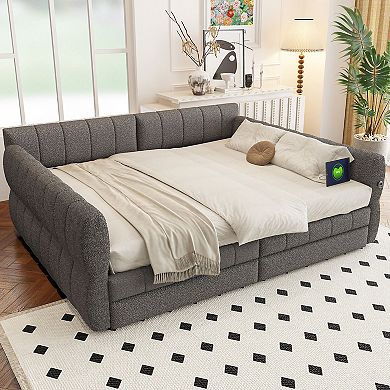 Pnronnc Upholstered Platform Bed Frame with USB Ports and 2 Drawers, Lambswool Daybed with Armrests