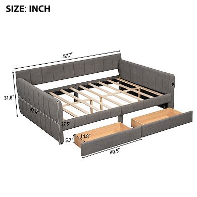 Pnronnc Upholstered Platform Bed Frame with USB Ports and 2 Drawers, Lambswool Daybed with Armrests