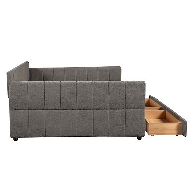 Pnronnc Upholstered Platform Bed Frame with USB Ports and 2 Drawers, Lambswool Daybed with Armrests