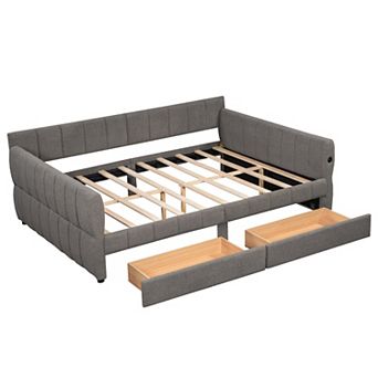 Pnronnc Upholstered Platform Bed Frame with USB Ports and 2 Drawers, Lambswool Daybed with Armrests