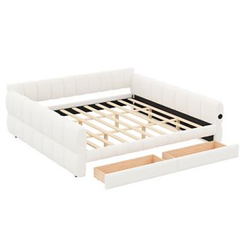 Pnronnc Upholstered Platform Bed Frame with USB Ports and 2 Drawers, Lambswool Daybed with Armrests