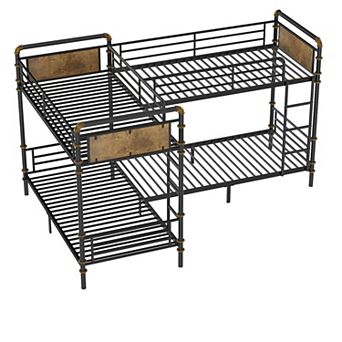 Pnronnc Metal Quad Bunk Bed Convertible Triple Twin Bed with Ladder and Guardrails
