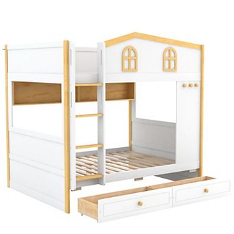 Pnronnc House Bunk Bed with Storage Shelves, Side Hooks, Drawers or Trundle for Kids