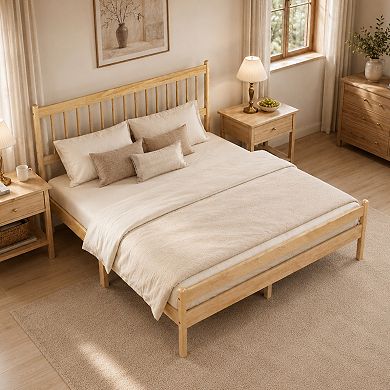 Pnronnc Vintage Farmhouse Solid Wood Platform Bed Frame with Windsor Headboard and Under Bed Storage