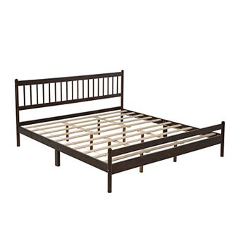 Pnronnc Vintage Farmhouse Solid Wood Platform Bed Frame with Windsor Headboard and Under Bed Storage