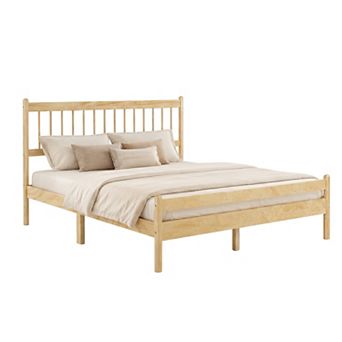 Pnronnc Vintage Farmhouse Solid Wood Platform Bed Frame with Windsor Headboard and Under Bed Storage