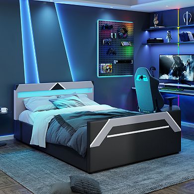 Pnronnc Queen Gaming Upholstered Platform Bed Frame with LED Headboard, Side-Lift Hydraulic Storage