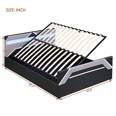 Pnronnc Queen Gaming Upholstered Platform Bed Frame with LED Headboard, Side-Lift Hydraulic Storage