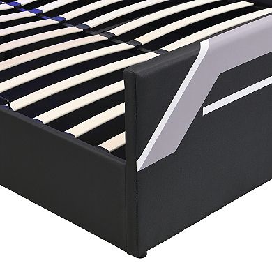 Pnronnc Queen Gaming Upholstered Platform Bed Frame with LED Headboard, Side-Lift Hydraulic Storage