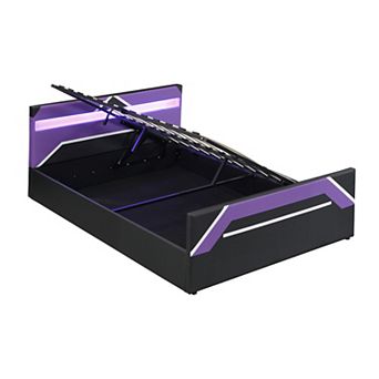 Pnronnc Queen Gaming Upholstered Platform Bed Frame with LED Headboard, Side-Lift Hydraulic Storage