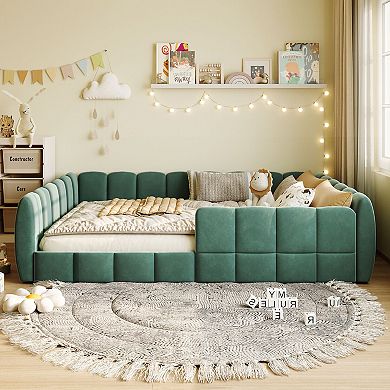 Pnronnc Full Size Velvet Floor Bed with Safety Guardrail