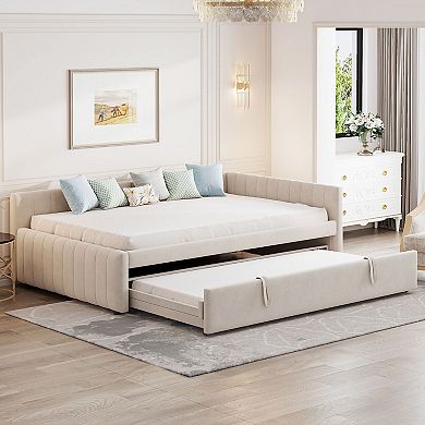 Pnronnc Full Upholstered Daybed with Pull-Out Trundle, L-Shaped Backrest Striped Design Sofa Bed
