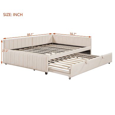 Pnronnc Full Upholstered Daybed with Pull-Out Trundle, L-Shaped Backrest Striped Design Sofa Bed