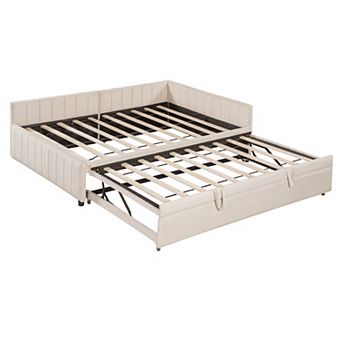 Pnronnc Full Upholstered Daybed with Pull-Out Trundle, L-Shaped Backrest Striped Design Sofa Bed