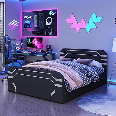 Pnronnc Queen Hydraulic Storage Gaming Bed Frame with Upholstered Headboard and Side Lift Storage