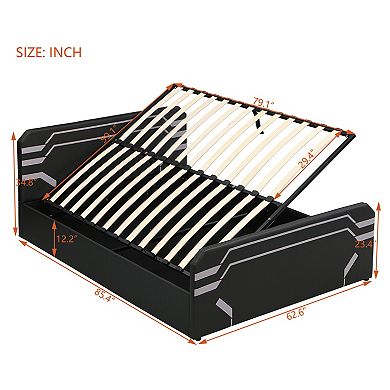 Pnronnc Queen Hydraulic Storage Gaming Bed Frame with Upholstered Headboard and Side Lift Storage