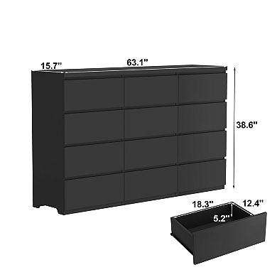 Trikiousd 12-Drawer Wood Dresser, Large Storage Chest for Bedroom