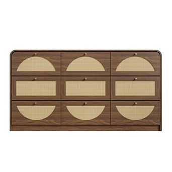 Trikiousd 9-Drawer Rattan Dresser, Wide Storage Cabinet for Bedroom