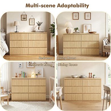 Trikiousd 6-Drawer Modern Wood Dresser, Wave Panel Storage Chest for Bedroom