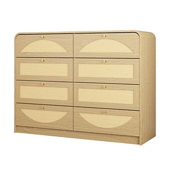 Trikiousd 8-Drawer Rattan Dresser, Wide Particle Board Chest of Drawers, Modern Wood Storage Cabinet