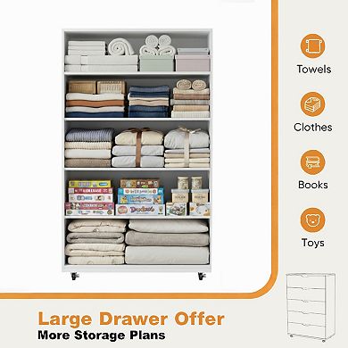 Trikiousd 5-Drawer Dresser with Metal Handles and Rolling Storage Cabinet