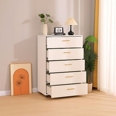 Trikiousd 5-Drawer Dresser with Metal Handles and Rolling Storage Cabinet