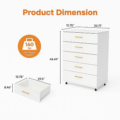 Trikiousd 5-Drawer Dresser with Metal Handles and Rolling Storage Cabinet