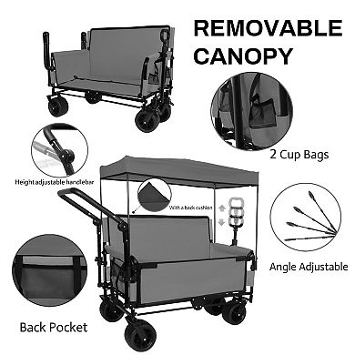 Trikiousd 3-in-1 Folding Wagon Cart with Bench Seat, Canopy and Storage