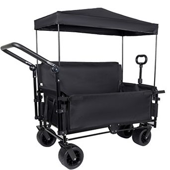 Trikiousd 3-in-1 Folding Wagon Cart with Bench Seat, Canopy and Storage