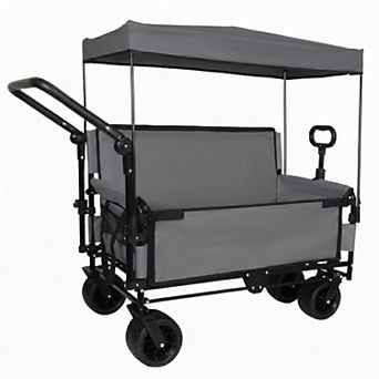 Trikiousd 3-in-1 Folding Wagon Cart with Bench Seat, Canopy and Storage
