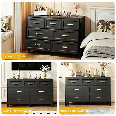 low profile dresser White-toned particle board 9-drawer with wave-front silhouette, mid-century floor chest and TV stand Ebern Designs Urban Billy drawers are as tough as nails but slide with grace Damodpoy 6-Drawer White Metal Dresser,