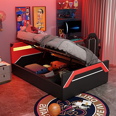 Trikiousd Gaming Platform Bed with LED Headboard and Hydraulic Storage