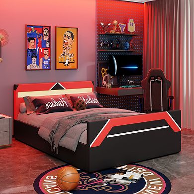 Trikiousd Gaming Platform Bed with LED Headboard and Hydraulic Storage