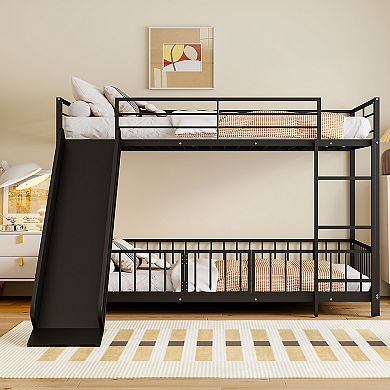 Trikiousd Metal Bunk Bed with Slide, Guardrails and Convertible Loft Design