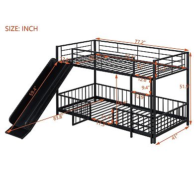 Trikiousd Metal Bunk Bed with Slide, Guardrails and Convertible Loft Design